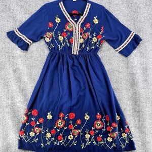 Embroidered Boho Midi Dress Navy Blue Ruffle Sleeve Flowy Women M Vintage